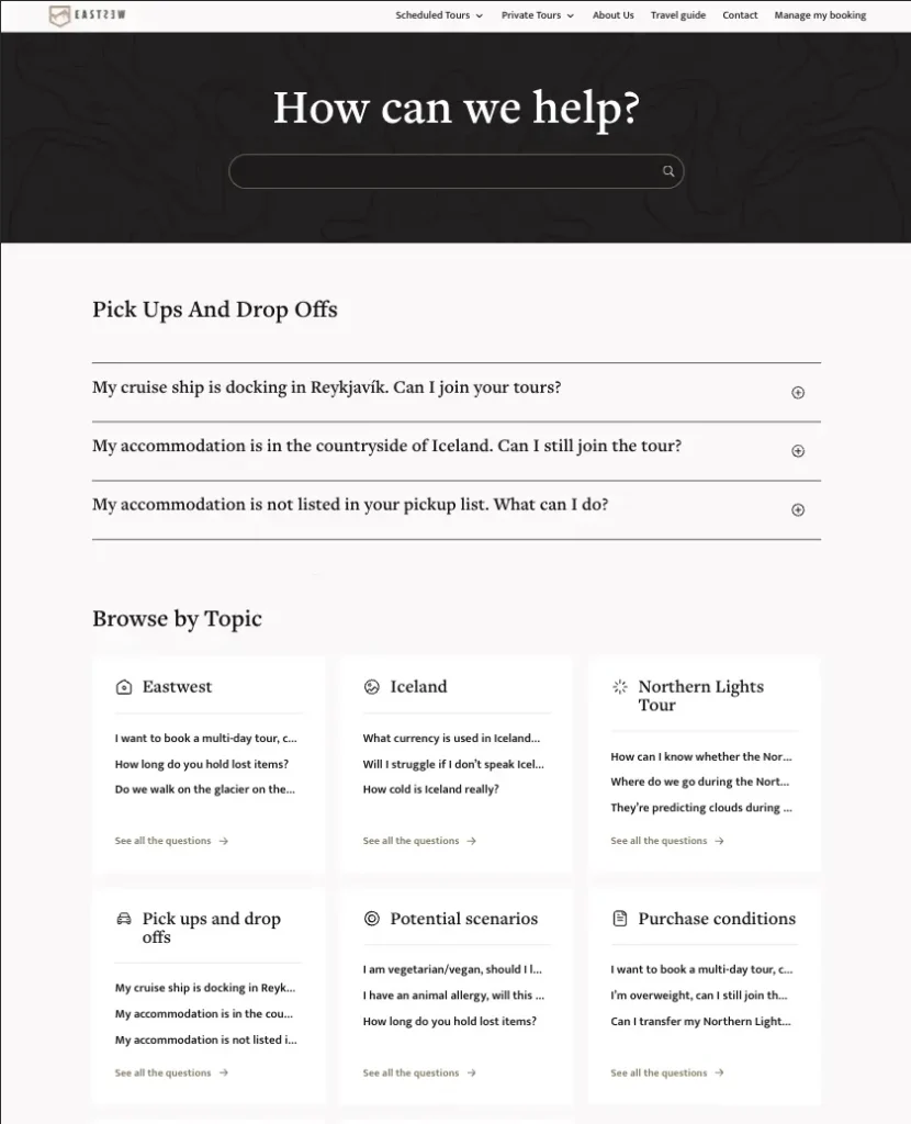 Sistema de FAQs por secciones, con acordeón y búsqueda