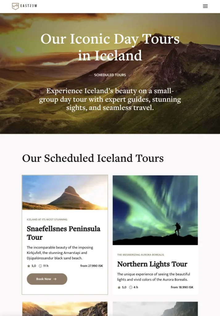 Cards con hover animado para los tours